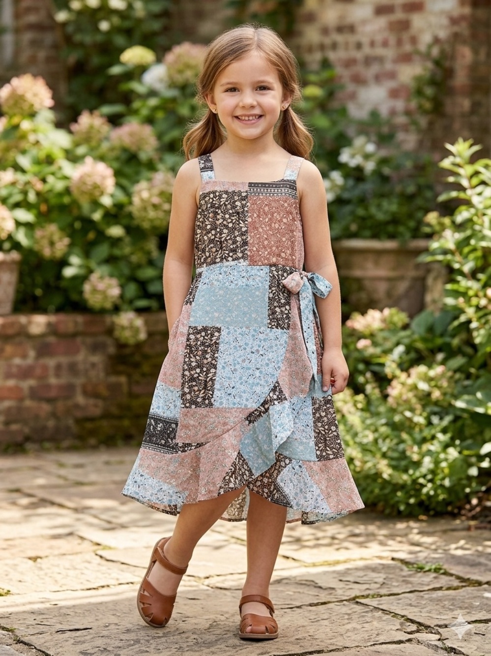RARE EDITIONS Girls 6X Multicolor Patchwork Print Faux Ruffled Wrap Midi Dress